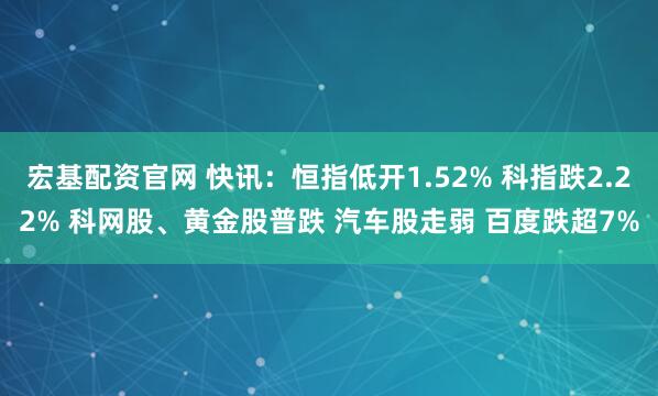 宏基配资官网 快讯：恒指低开1.52% 科指跌2.22% 科网股、黄金股普跌 汽车股走弱 百度跌超7%